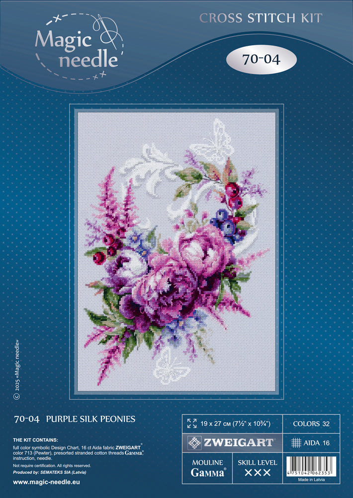 Purple Silk Peonies Counted Cross Stitch Kit by Magic Needle 70-04