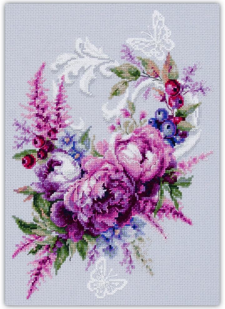 Purple Silk Peonies Counted Cross Stitch Kit by Magic Needle 70-04