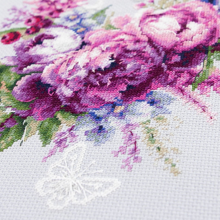 Purple Silk Peonies Counted Cross Stitch Kit by Magic Needle 70-04