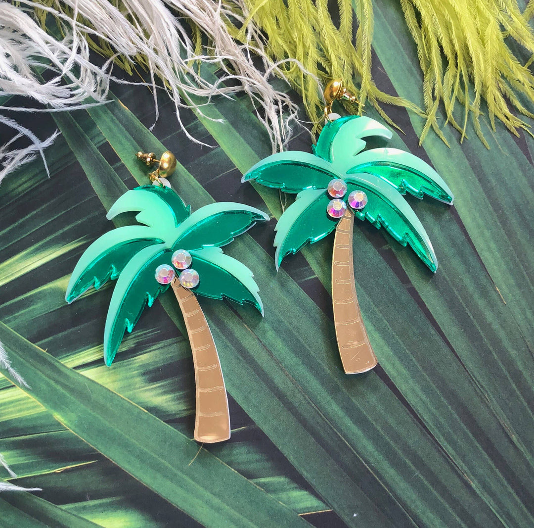 Mirrored Palm Tree Earrings With Rhinestones