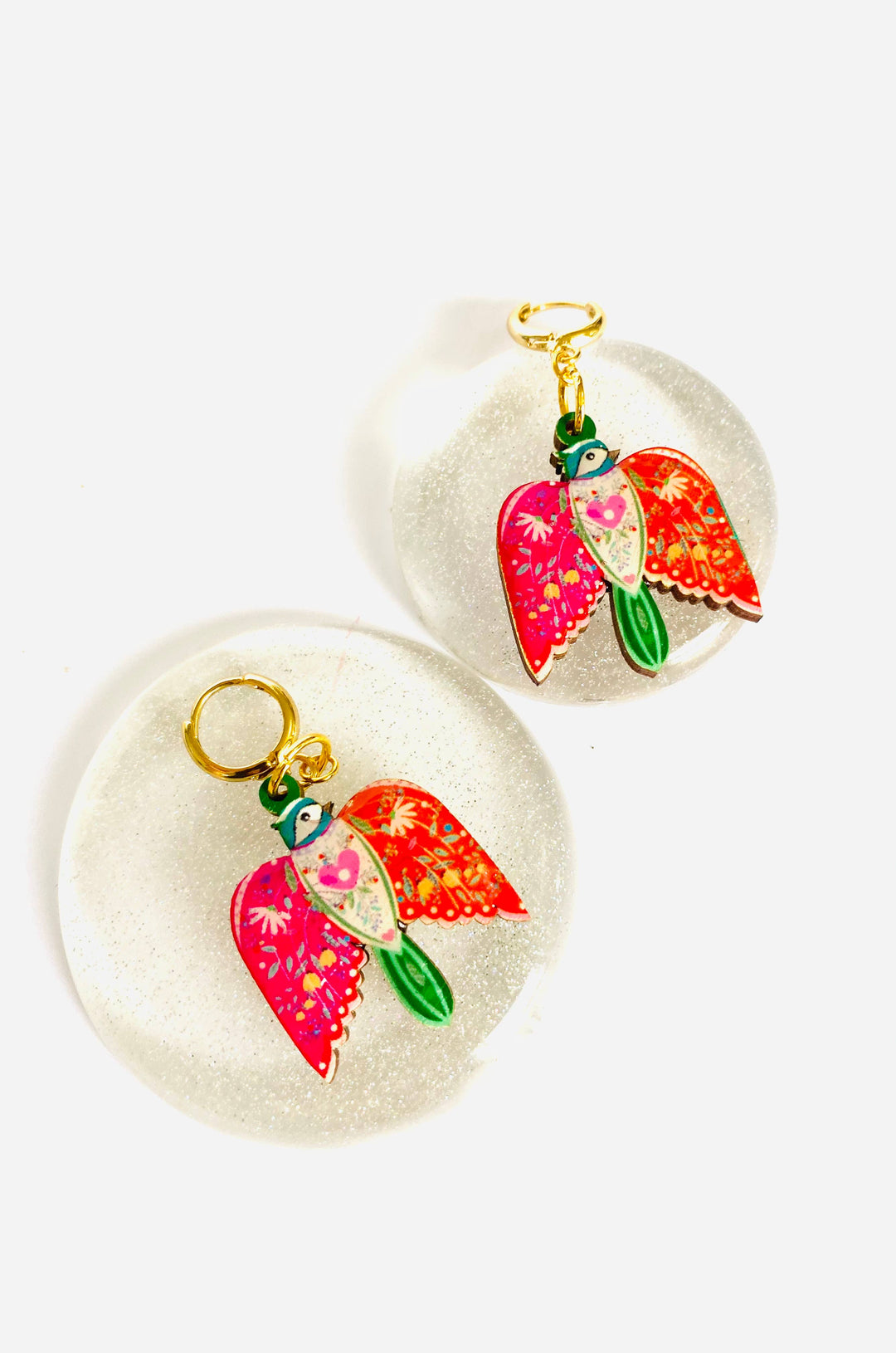 Large Bird Dangle Earrings on Huggie Hoops by Rosie Rose Parker