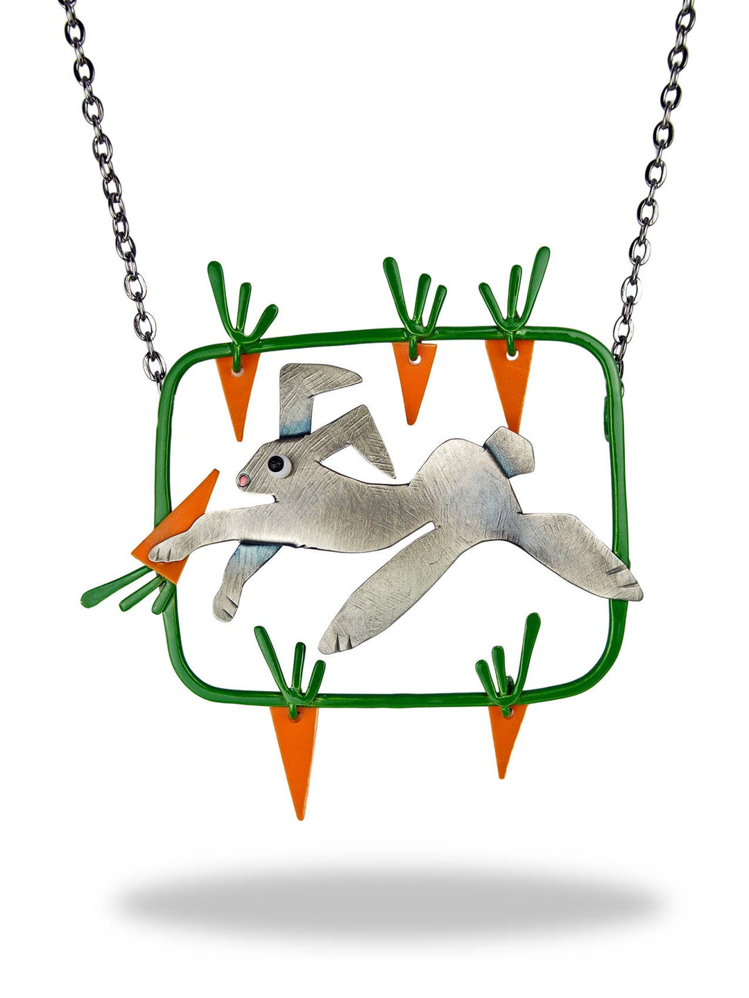 Carrot Patch Necklace — leaping rabbit in white bronze with brass carrot patch and orange celluloid dangles by Chickenscratch