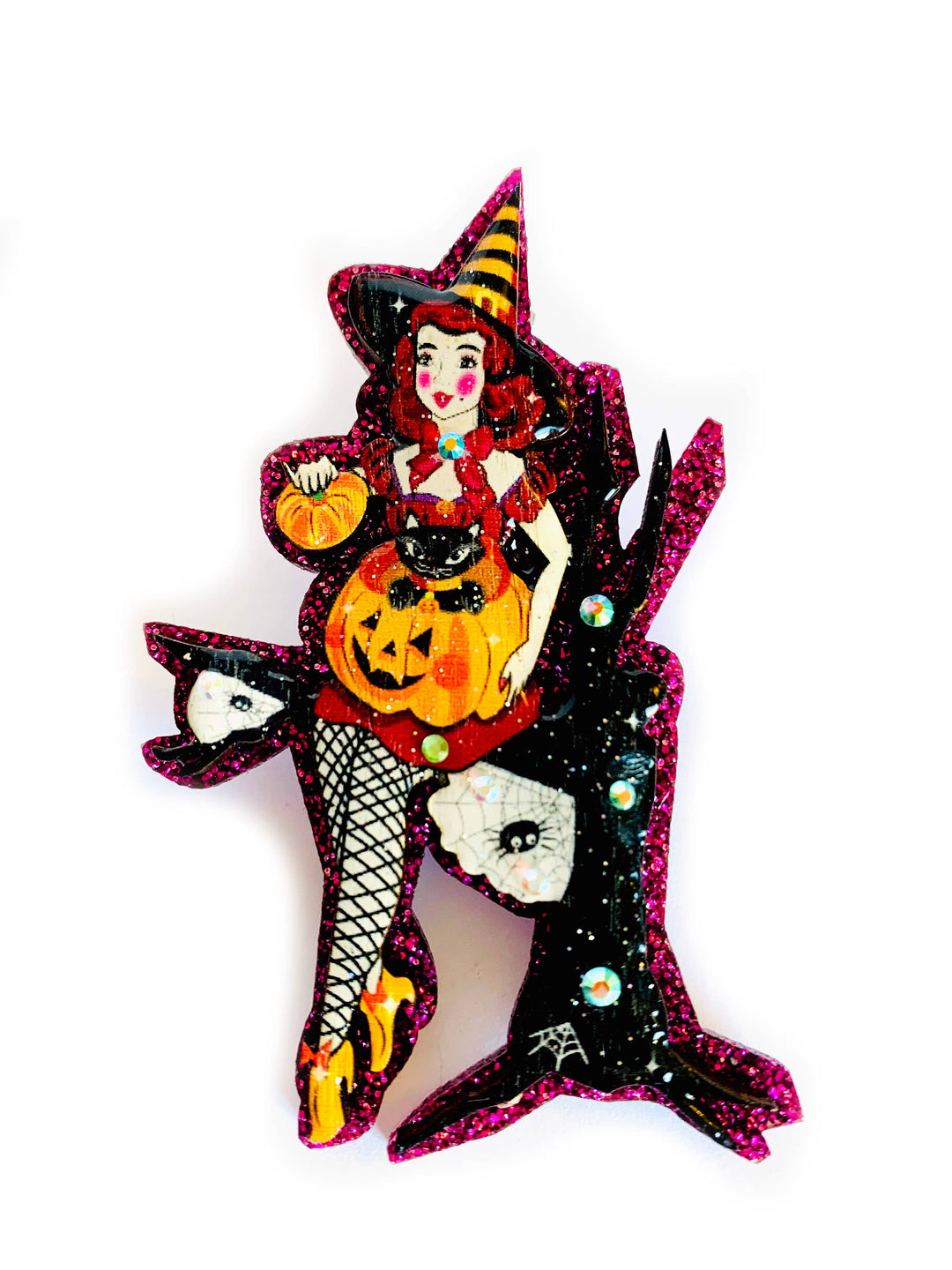 Meggie the Witch & her Pumpkin Cat Brooch by Rosie Rose Parker