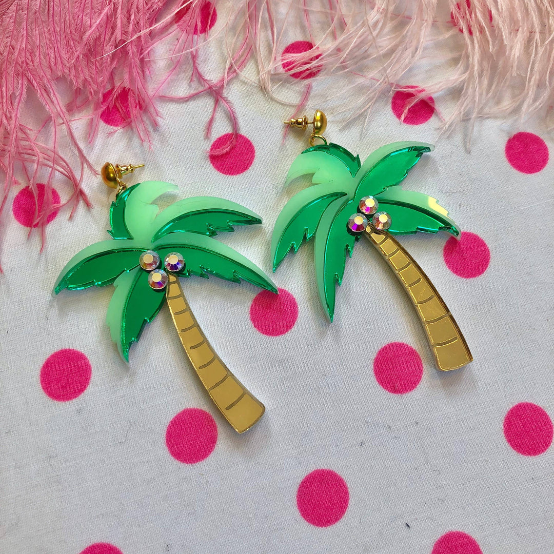 Mirrored Palm Tree Earrings With Rhinestones