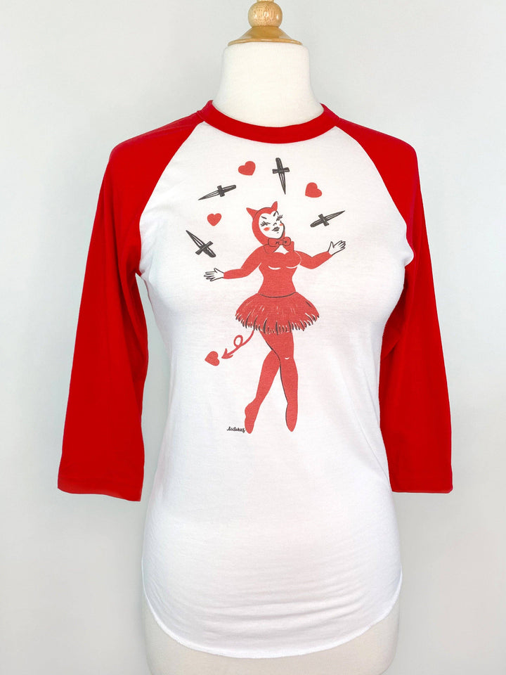 Dagger Devil Unisex Raglan Tee in White/Red: Unisex