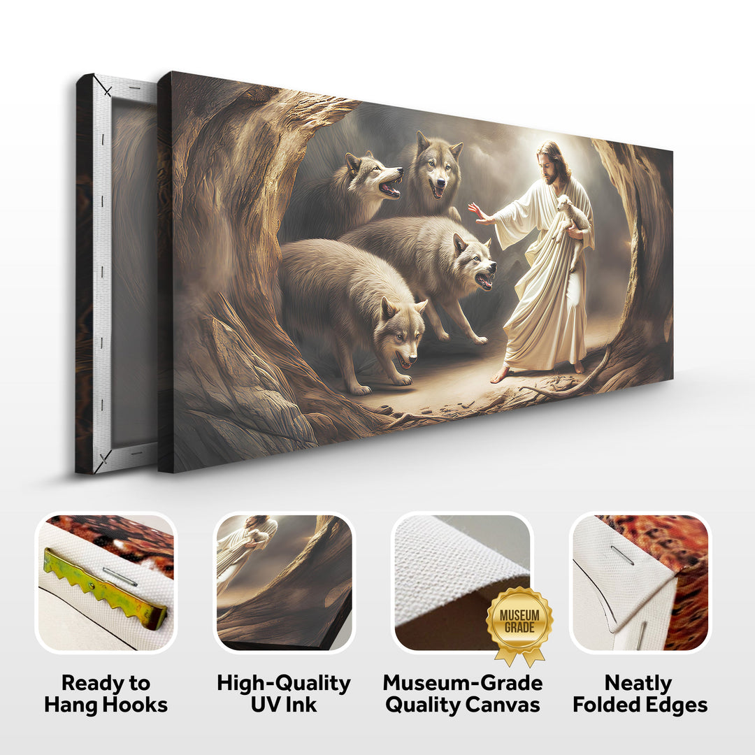 Jesus Protects The Lamb From Wolves Faith Wall Art III