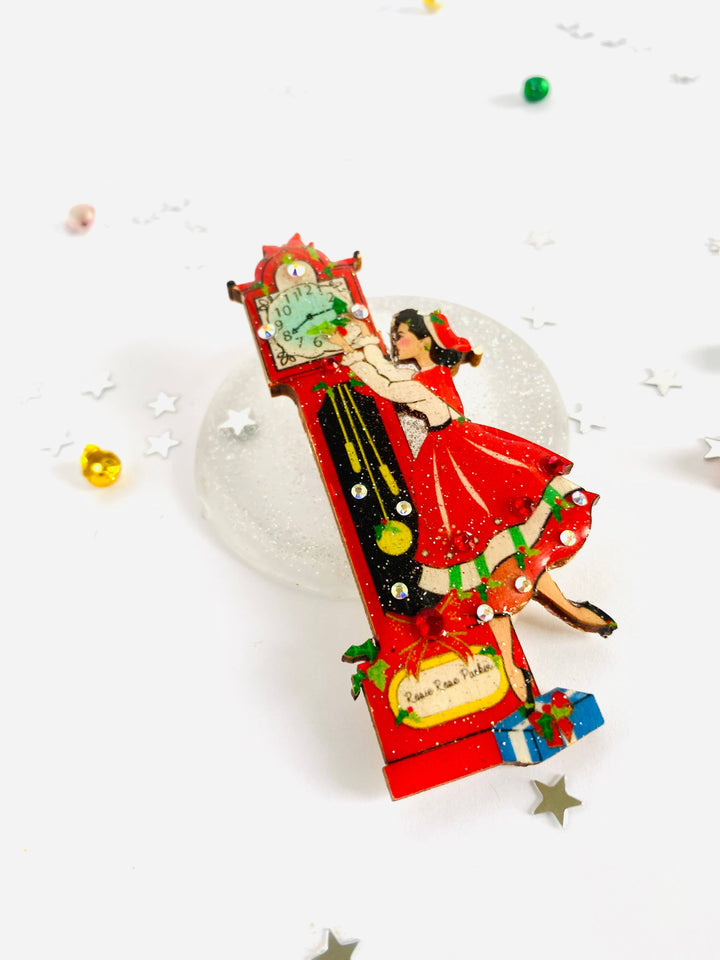 Christmas Eve Grandfather Clock Brooch by Rosie Rose Parker