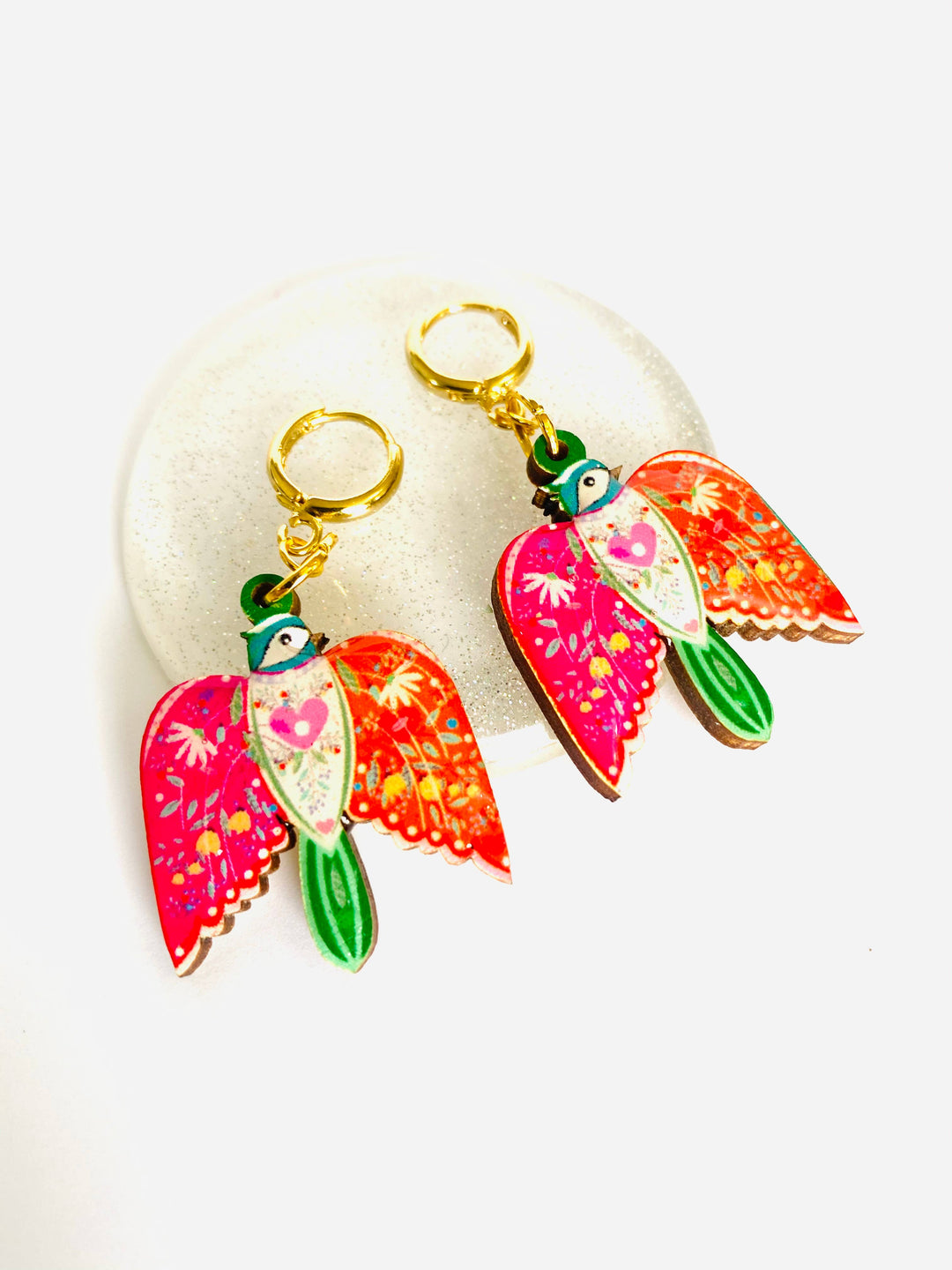 Large Bird Dangle Earrings on Huggie Hoops by Rosie Rose Parker