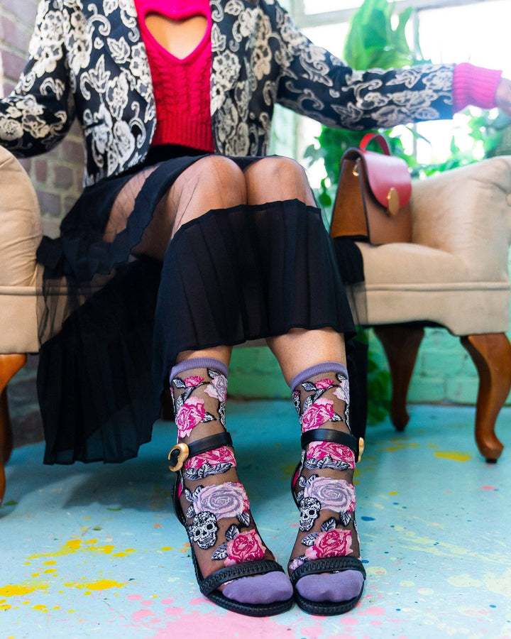 Skulls & Roses Black Sheer Crew Sock
