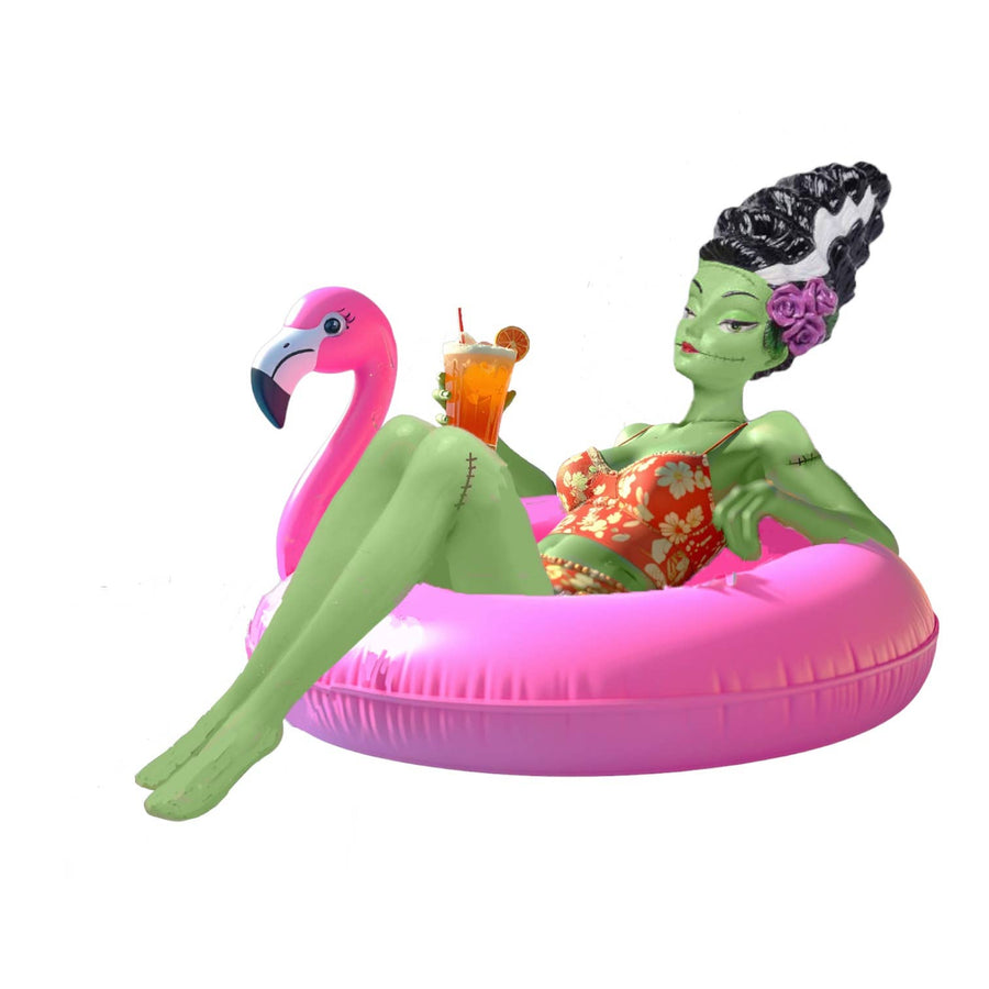 12 inch monster bride figure floating in a pink flamingo pool float