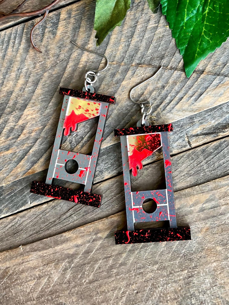 Bloody Guillotine Earrings - Gothic Halloween Horror Dangle Jewelry