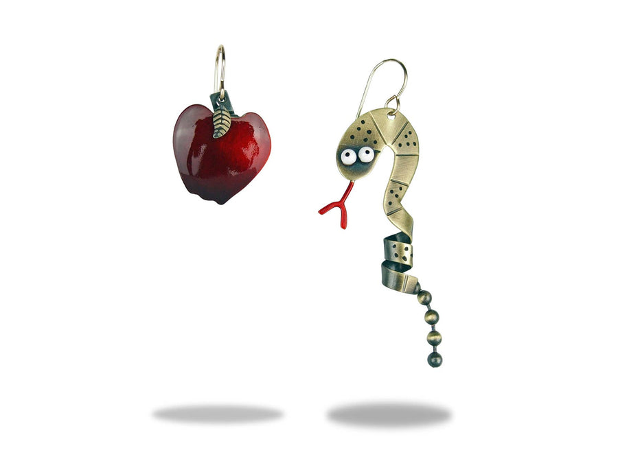 Temptation Earrings — mismatched apple and snake brass earrings with dangles by Chickenscratch