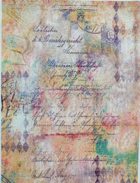 Timeworn Script Designer Printed AIDA Fabric. Canvas for embroidery with an applied background  KF-1223A