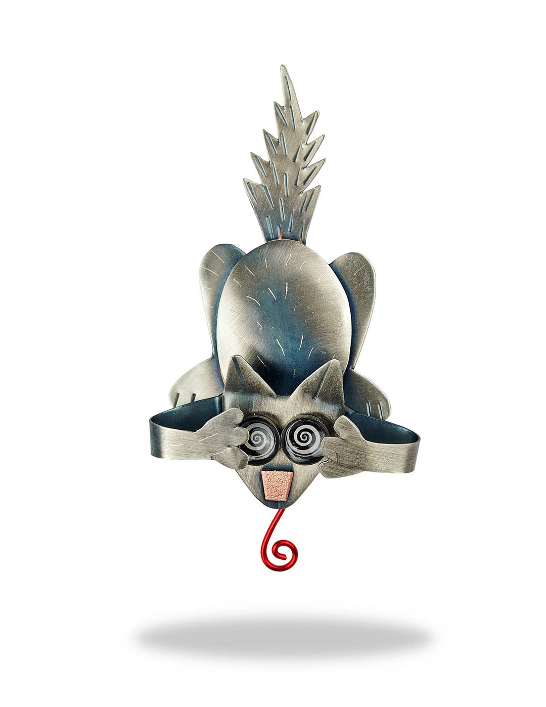 Chickenscratch Fraidy Cat Brooch Pendant — handmade brushed white bronze textured cat pin with swiveling head, spiral resin eyes, swinging red tongue, and pendant loop on tail, 3 x 1.75 inch convertible