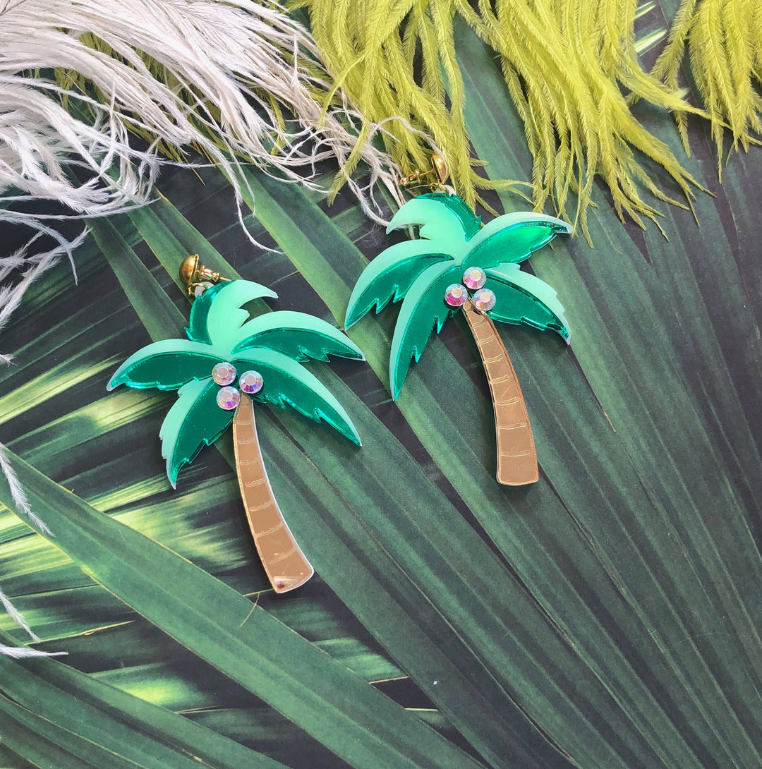 Mirrored Palm Tree Earrings With Rhinestones