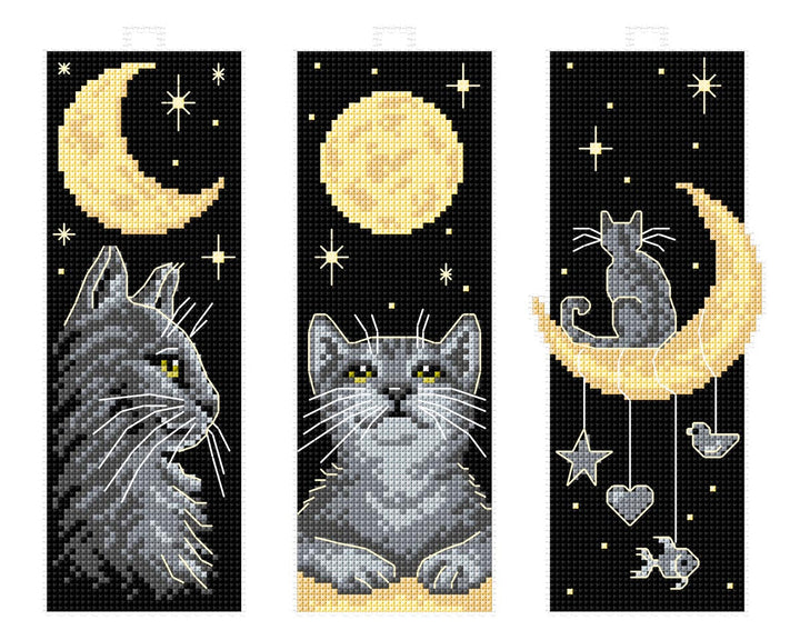 Counted cross stitch kit with plastic canvas Bookmarks "Cats at Night" set of 3 designs 8713