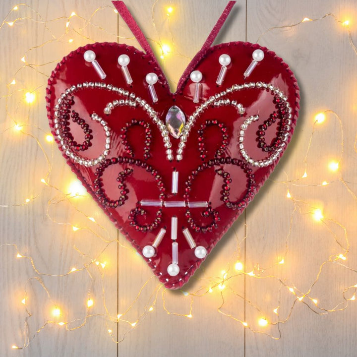 Heart Christmas Ornament Artificial Leather Bead Embroidery Kit by Wonderland Crafts FLBB-136