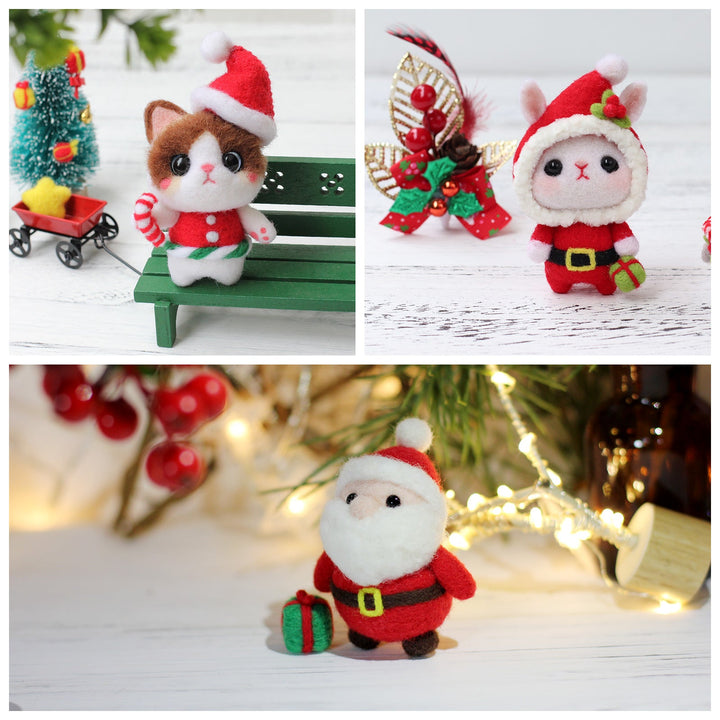 Christmas Bunny, Shiba Inu, Cat and Santa Needle Felting Kit. Wizardi DIY Wool Craft Kit F07N8-Z-06