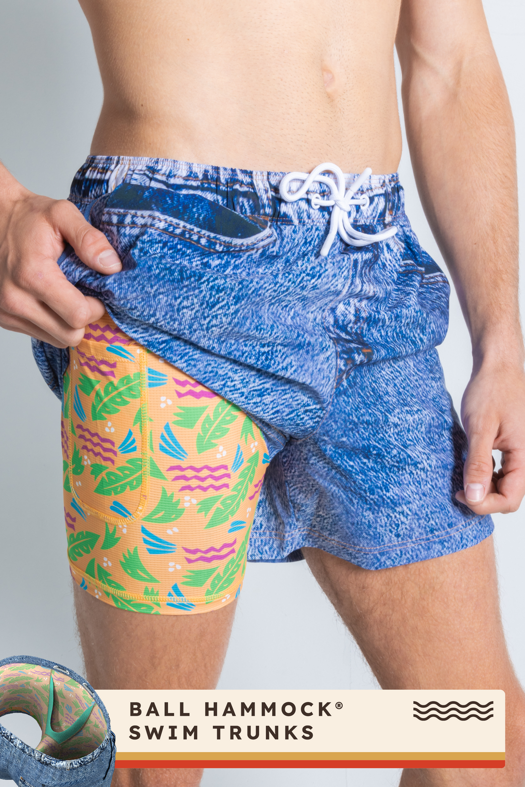 The Boogie Board Lord | Denim Tropical Ball Hammock® Pouch 8" Swim Trunks