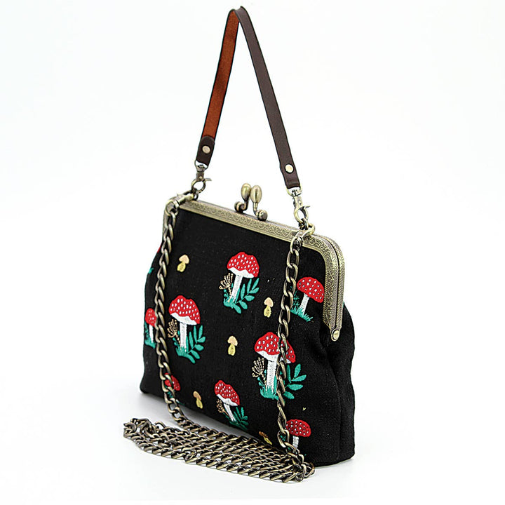 Mushrooms Kisslock Frame Handbag in Cotton: Black