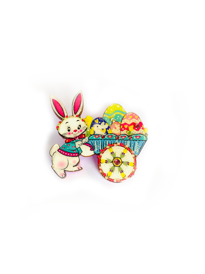 Benny Bunny and his Easter Egg Cart Brooch by Rosie Rose Parker