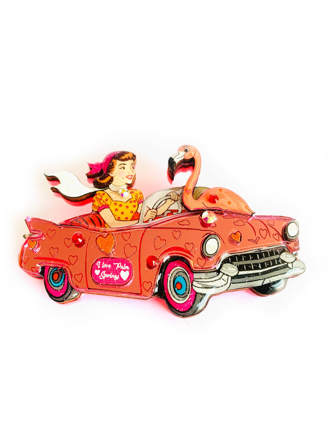 Frankie & the Flamingo Car Brooch by Rosie Rose Parker