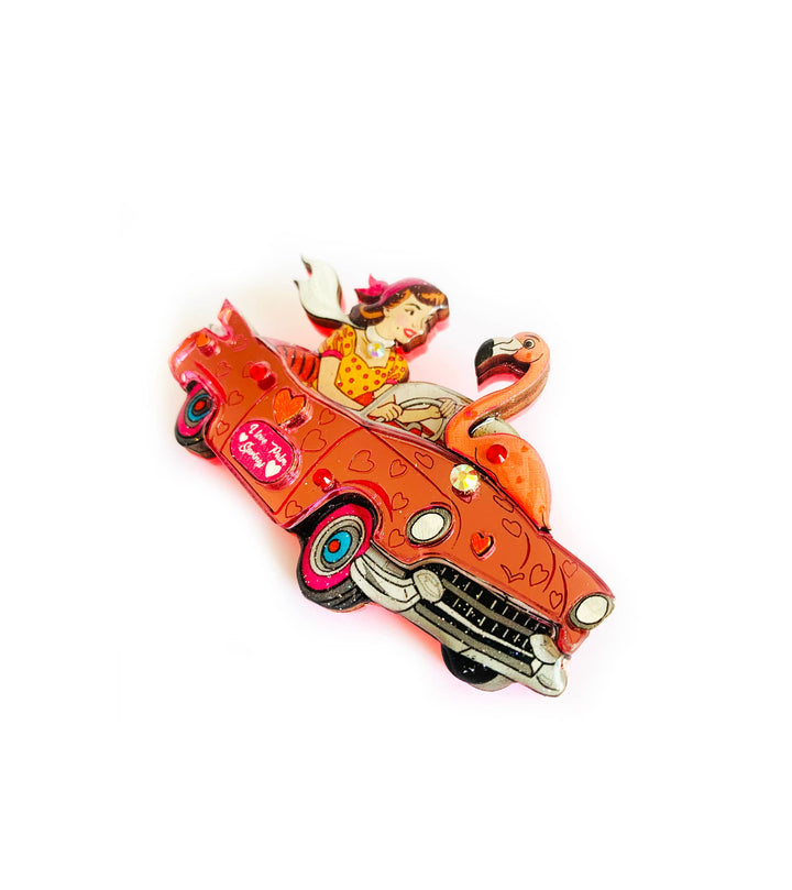 Frankie & the Flamingo Car Brooch by Rosie Rose Parker