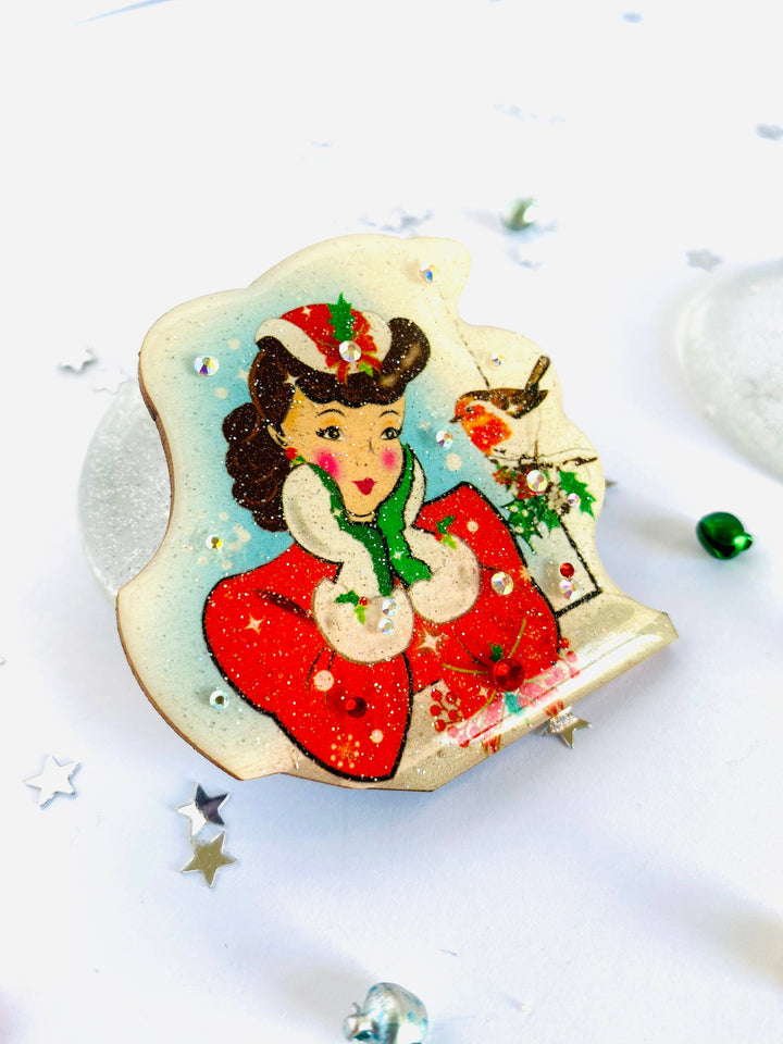 Red Robin and Christmas Lady Brooch by Rosie Rose Parker