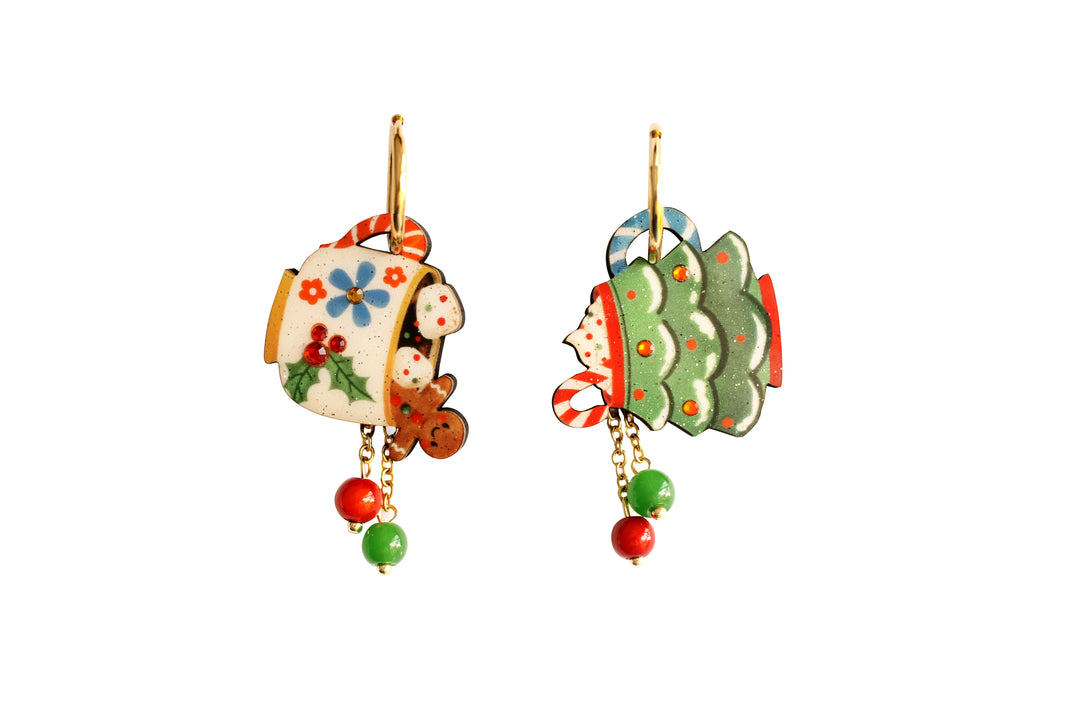 Christmas mug and tree earrings by LaliBlue: Christmas jewelry, mug, Christmas tree, glitter, rhinestone, dangle hoop earrings, pre-order