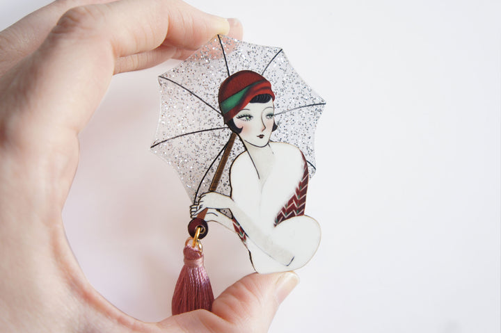 Umbrella Girl Brooch by Laliblue – Retro Kitschy Statement Brooch for Collectors