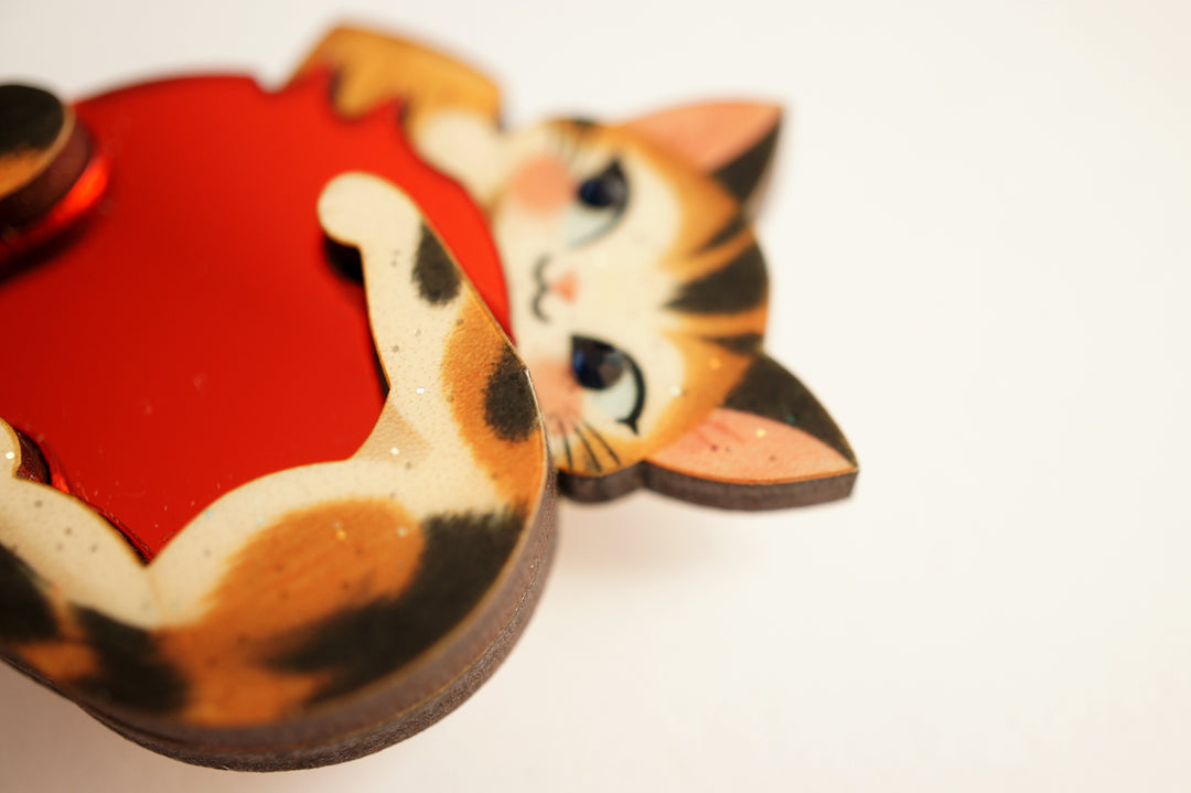 Kitten button cover on shirt, LaliBlue Christmas jewelry, cat, kitten
