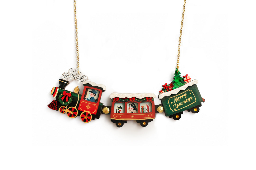 Christmas train necklace by LaliBlue: Christmas jewelry, articulated vintage steam train, gifts, statement necklace, illustrated wood, gold tone chain, pre-order