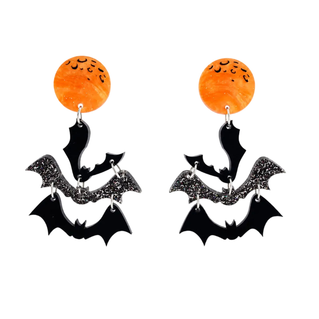 Halloween crescent moon and bats dangle earrings — spooky celestial acrylic jewelry — LaliBlue Midnight Cinema