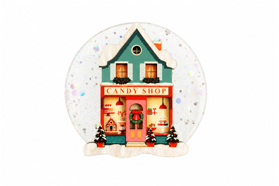 Sweet shop snow globe brooch by LaliBlue: Christmas jewelry, vintage candy shop, gingerbread, snow globe, illustrated wood, acrylic jewelry, pre-order
