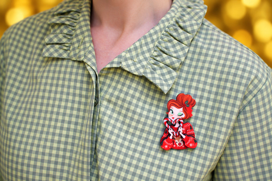 Reindeer sweater with red bead nose close up, LaliBlue Christmas jewelry, reindeer