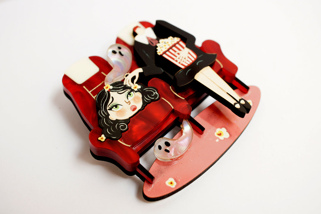 Headless cinema viewer brooch worn — Halloween movie audience acrylic illustrated wood jewelry — LaliBlue Midnight Cinema