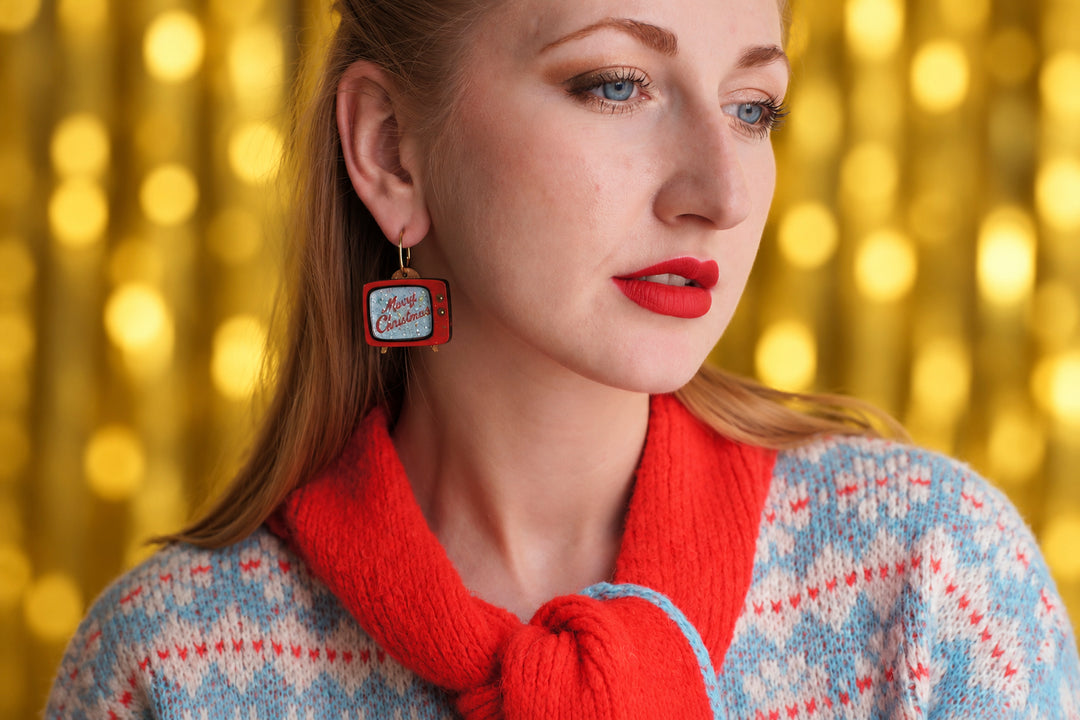 Retro Christmas TV earrings detail, LaliBlue Christmas jewelry, Merry Christmas, retro, glitter