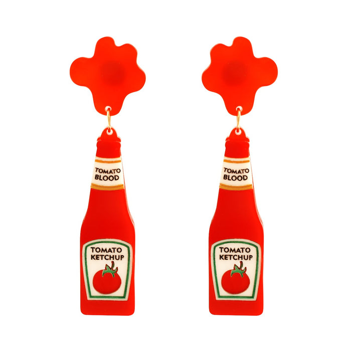 Tomato ketchup blood bottle Halloween earrings — horror movie novelty acrylic jewelry — LaliBlue Midnight Cinema