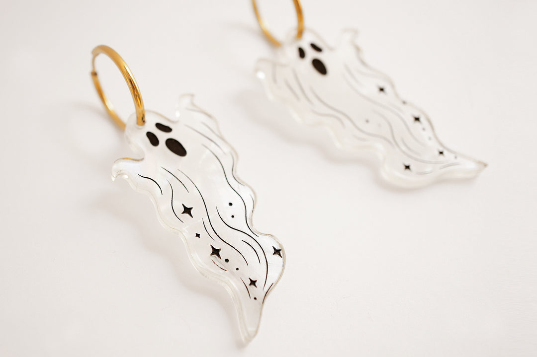Long ghost drop earrings size reference — pearlescent acrylic Halloween statement jewelry — LaliBlue Midnight Cinema