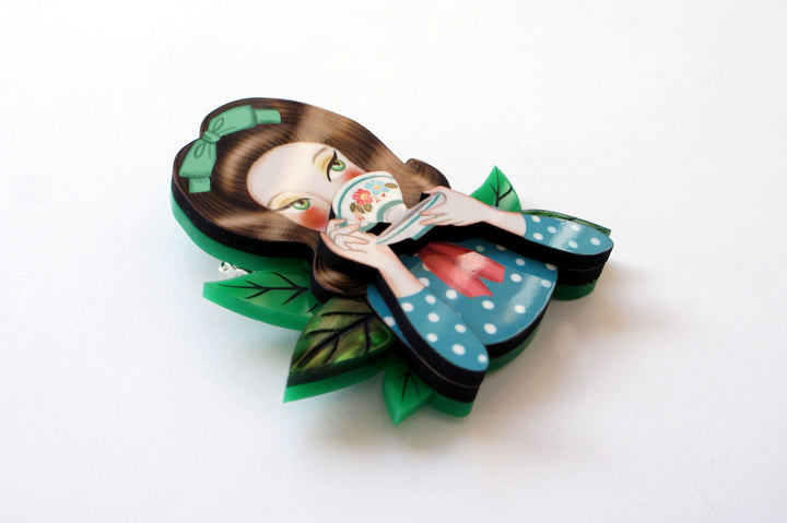 Girl Drinking Tea Brooch by Laliblue