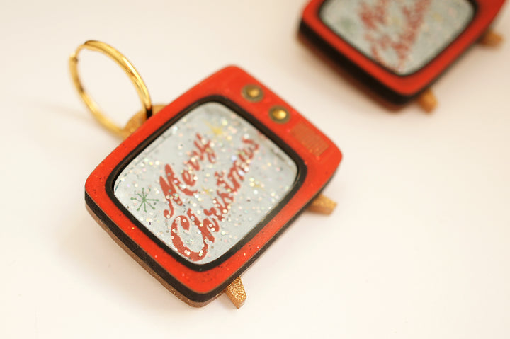 Red vintage TV earring with Merry Christmas screen, LaliBlue Christmas jewelry, retro
