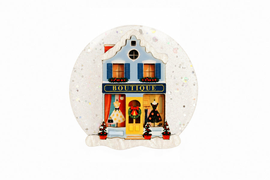 Christmas boutique snow globe brooch by LaliBlue: Christmas jewelry, vintage fashion boutique, dresses, snow globe, illustrated wood, pre-order