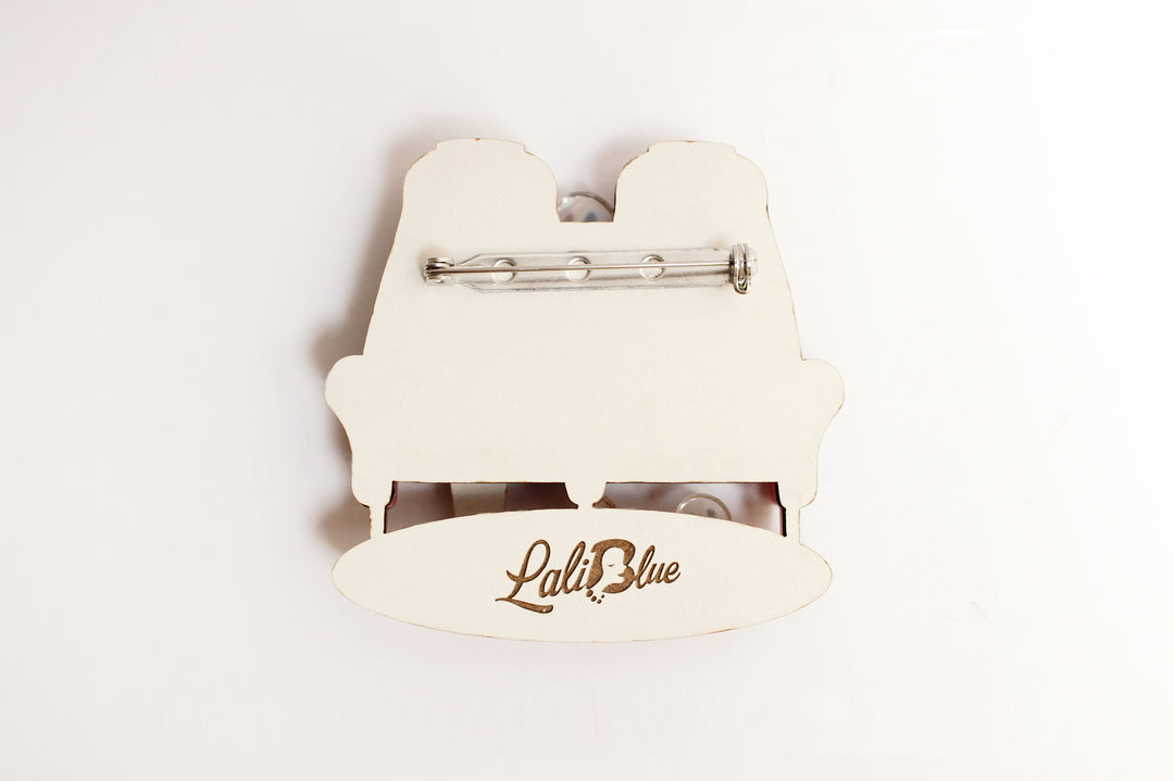 Headless cinema viewer brooch size reference — Halloween movie audience acrylic illustrated wood jewelry — LaliBlue Midnight Cinema
