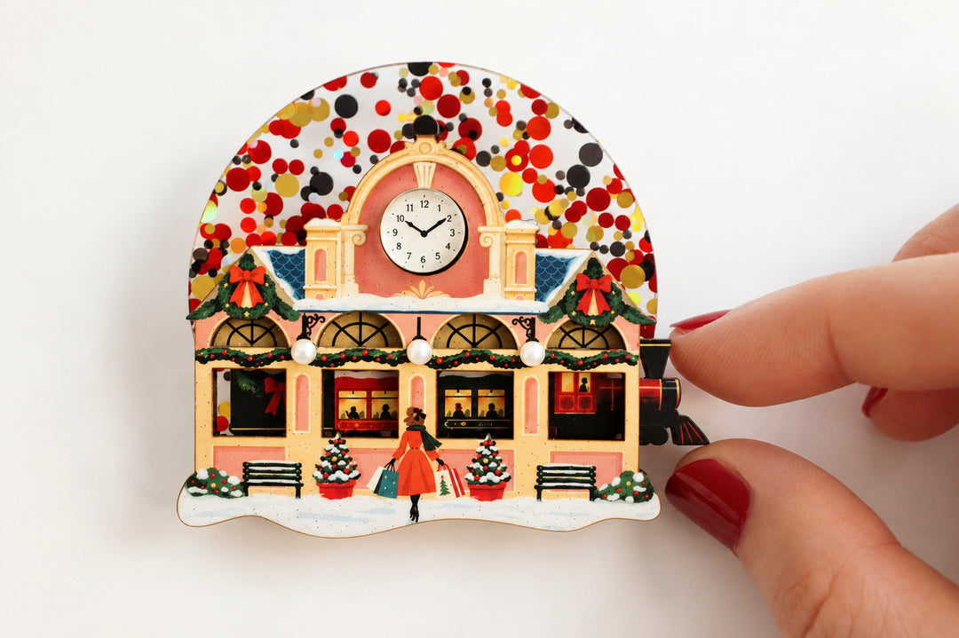 Christmas train station brooch worn, LaliBlue Christmas jewelry, vintage