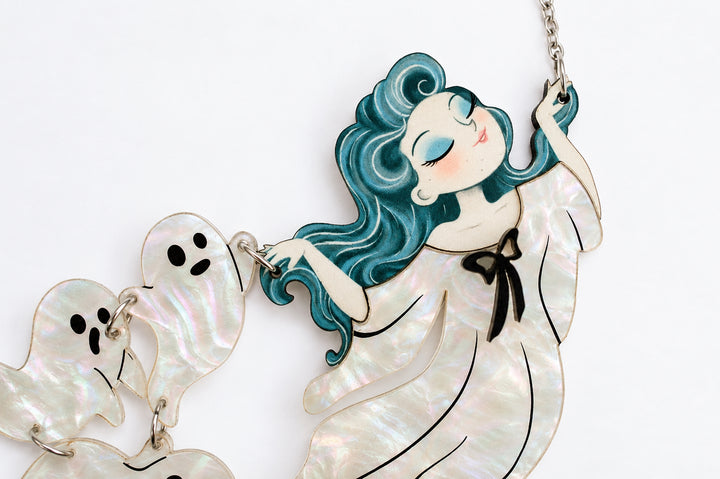 Ghost gang necklace worn — diva ghost girl articulated Halloween jewelry — LaliBlue Midnight Cinema