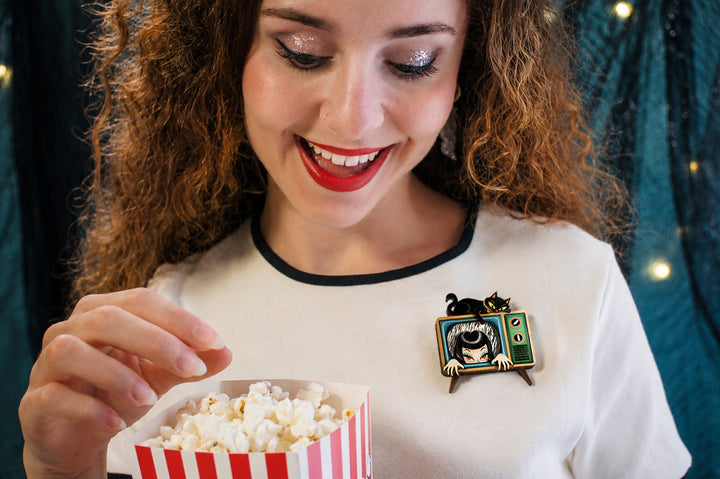 Night TV ghost girl and black cat brooch detail — Halloween acrylic scene jewelry — LaliBlue Midnight Cinema