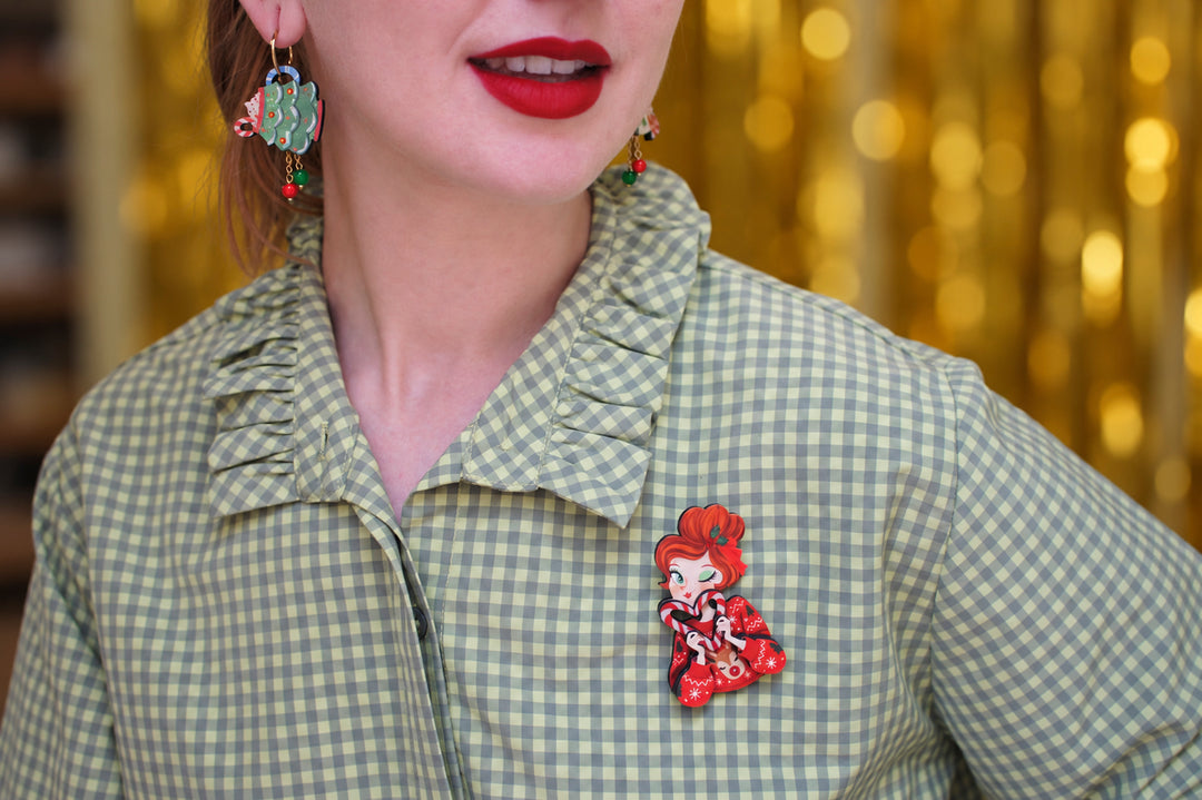 Candy cane girl brooch layers, LaliBlue Christmas jewelry, acrylic jewelry