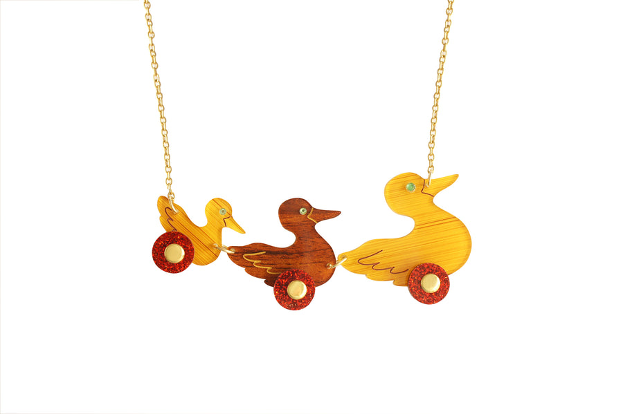 Ducks on wheels necklace by LaliBlue: Christmas jewelry, retro duck pull toy, spinning red wheels, vintage, acrylic jewelry, gold tone chain, pre-order
