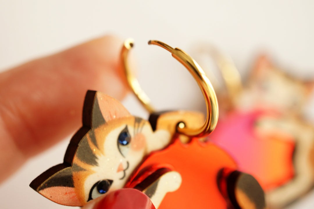 Kitten Christmas ornament earrings scale view, LaliBlue Christmas jewelry, cat, acrylic jewelry, pre-order