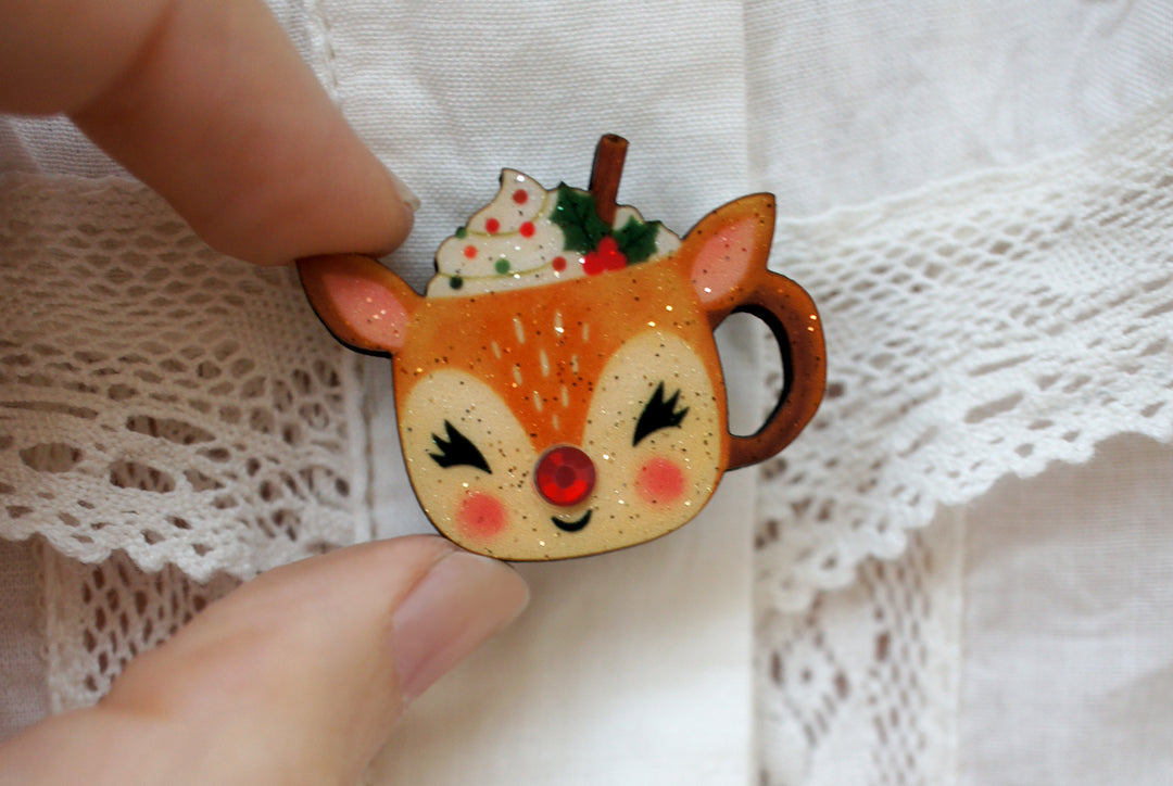 Christmas mug button cover set, LaliBlue Christmas jewelry, illustrated wood